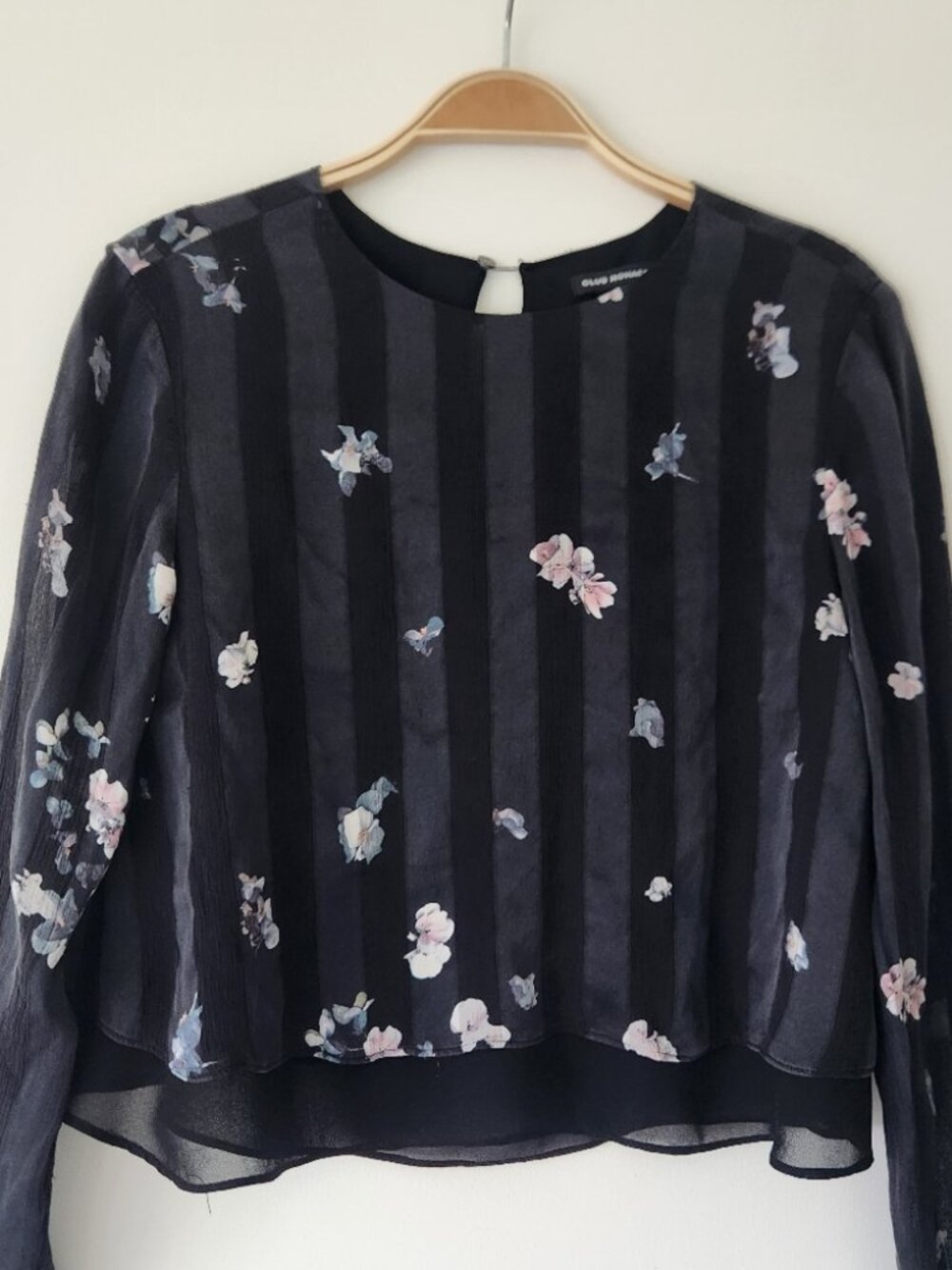 Club Monaco Black Floral Pleated Silk Chiffon Blouse